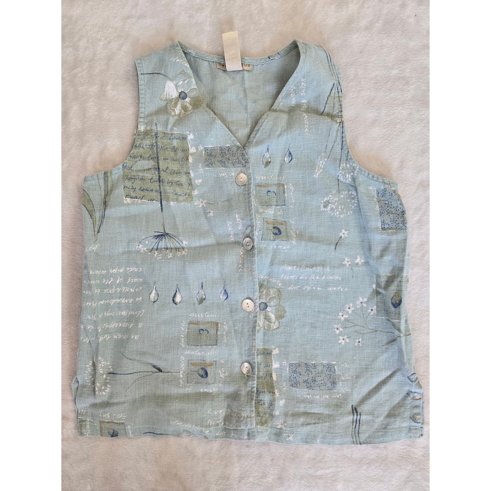Sweet Jessie Womens Small 100% Linen Sleeveless Button Up Vest‎ Botanical Print